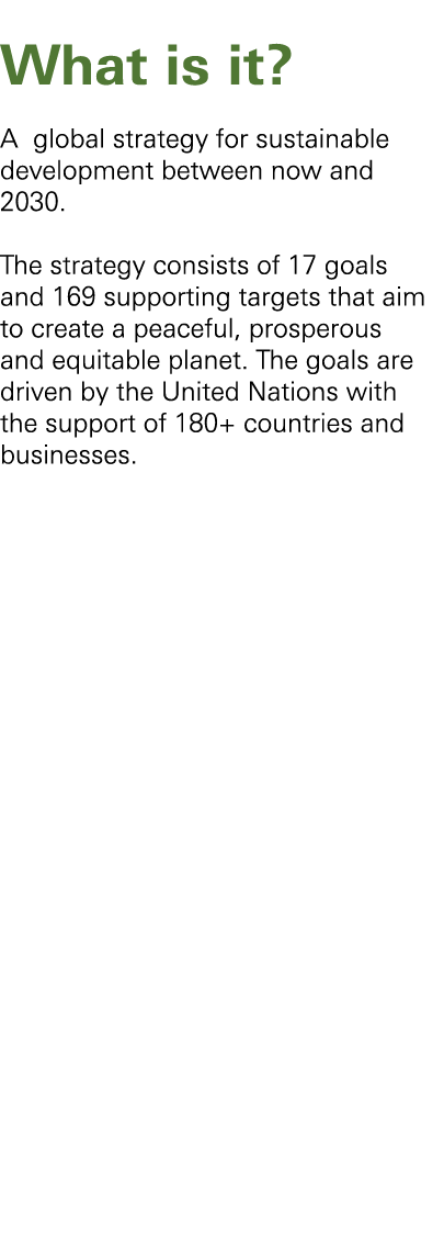 What is it? A global strategy for sustainable development between now and 2030.  The strategy consists of 17 goals a...