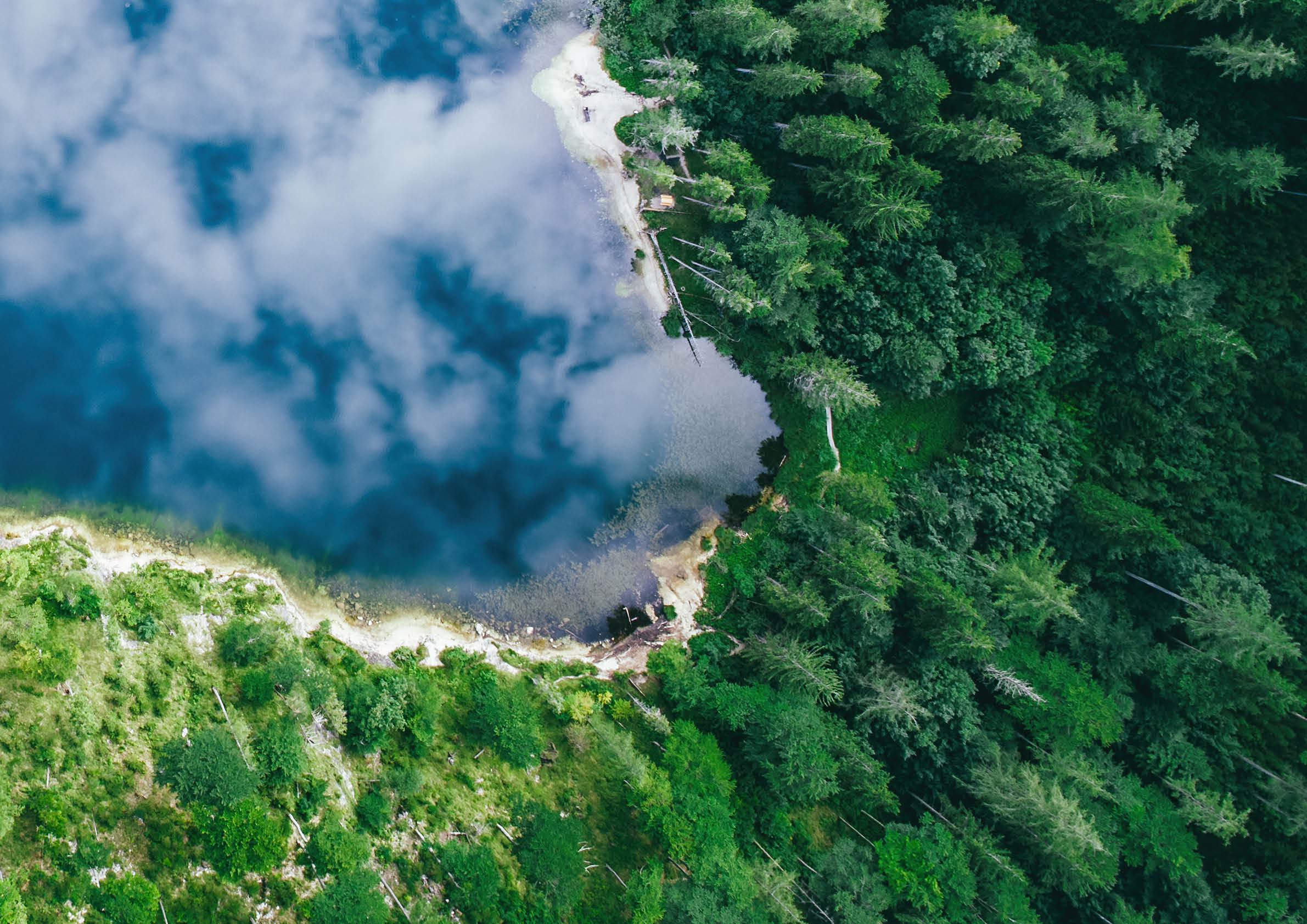 Aerial view at lake Eibensee, a beautiful small mountain lake in the Austrian Alps near Salzburg.