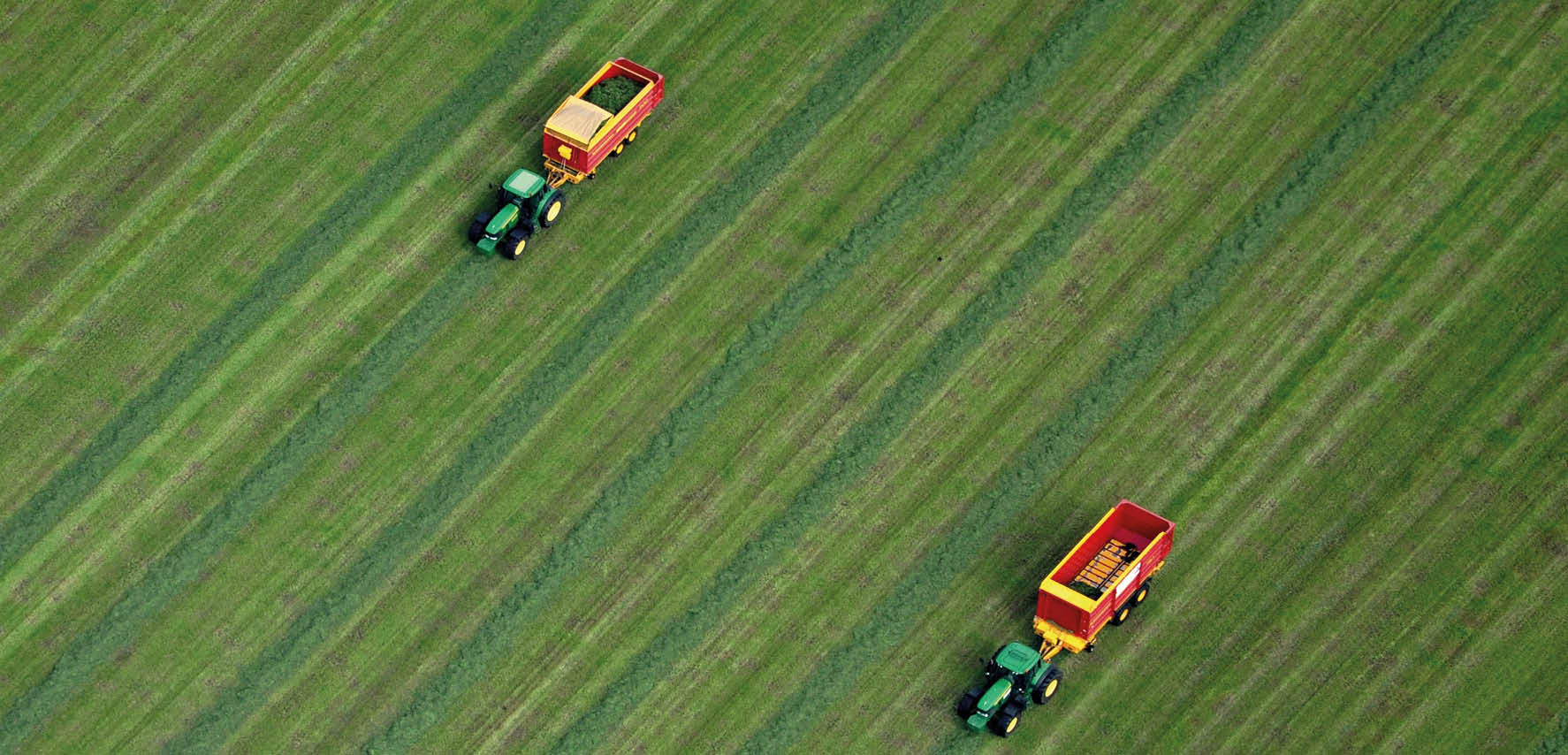Tractor cutting grass in field.