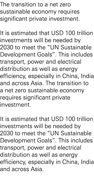 The transition to a net zero sustainable economy requires significant private investment.  It is estimated that USD 1...